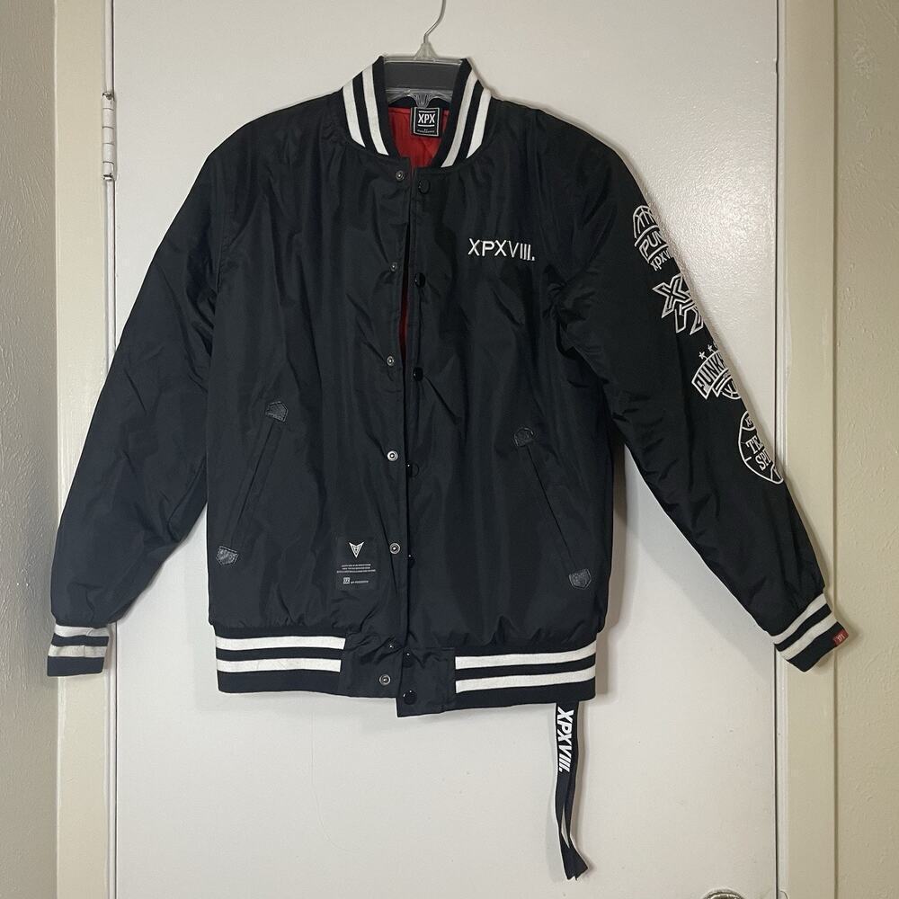 XPX Punkhippie black snap bomber varsity patchwork jacket size medium